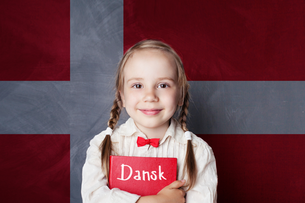 child girl student with book against the danish flag background 1